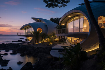 Generative ai luxury beach resort on tropical island at sunset