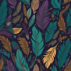 Multi-colored bright ethnic feathers. Seamless pattern with colorful feathers. AI illustration. Print design for textile, fabric, t-shirt, wallpaper, wrapping paper..