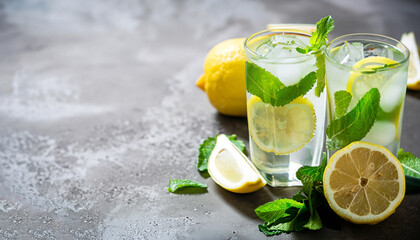 Fresh summer drink. Cold lemonade with mint on a concrete background.