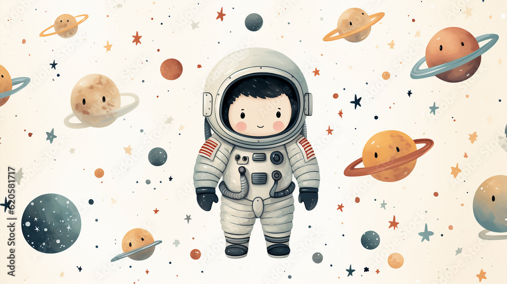 Sticker generative ai cute astronaut space pattern.