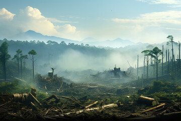 Cut down trees. The concept of the problem of ecology and deforestation. Generative AI