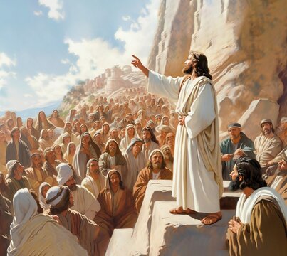 Jesus speaking to the people by parables next to the Jerusalem city Generative AI Illustration