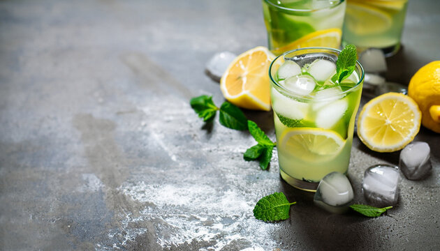 Fresh summer drink. Cold lemonade with mint on a concrete background.