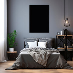 Generative AI.Black frame in comfortable bedroom interior mockup empty.