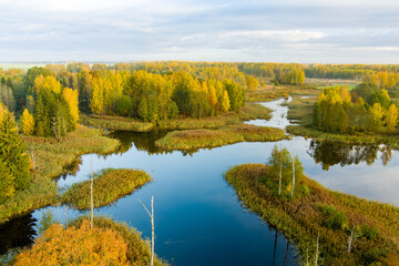 Amazing aerial view of Kirkilai karst lakes in the bright sunny autumn morning, Birzai eldership, Lithuania