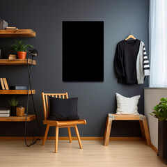 Generative AI.Blank photo frame mockup in dark room interior.
