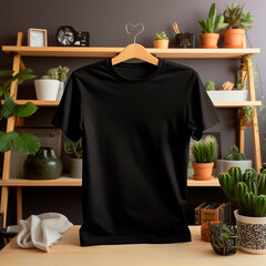 Generative AI.Empty black t-shirt mockup on a hanger in the room, front view.