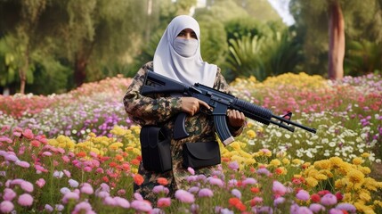 Naklejka premium woman soldier with guns in hands