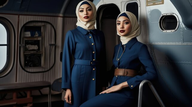 Charming stylish aviation staff of air hostesses