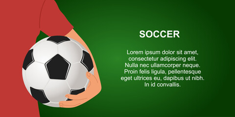 Soccer banner template. Football player holding soccer ball on the background of football field with space for text. Flat illustration for banner, poster. Vector