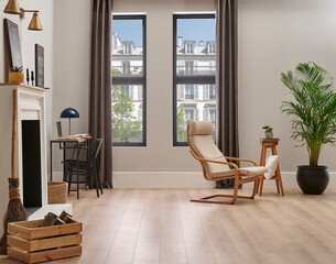 Chair room, wall, plant and fireplace, decorative modern interior style.