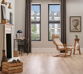 Chair room, wall, plant and fireplace, decorative modern interior style.