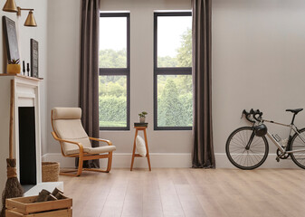 Chair room, wall, plant and fireplace, decorative modern interior style.