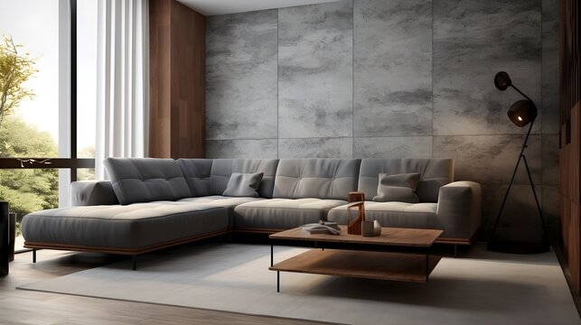 AI-Generated Modern Living Room Design: Grey Corner Sofa, Minimalist Décor, Large Window Overlooking Forest in Country House – Contemporary Interior Style