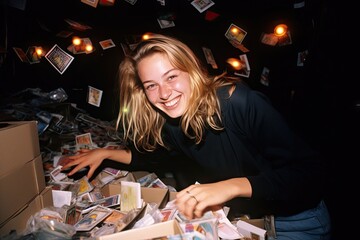 Fototapeta premium happy young woman at a table surronded by polaroid pictures