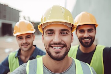 group of young construction workers with helmets
