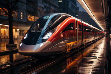 Fototapeta premium Electric train, city transport, at night in the city at a stop. AI Generative