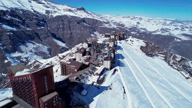 Nevado Valley Ski Station At Andes Mountains Santiago Chile. Ski Station Recreation Landscape. Mountains Storm Farellones Portillo. Mountains Frost Farellones Andes Snowfall.