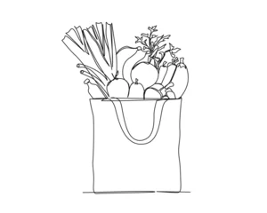 Foto auf Acrylglas Eine Linie Continuous one line drawing of fresh food on paper grocery basket. Vegetables, fruits and bread in the grocery basket. Grocery paper bag outline vector illustration.  Editable stroke.