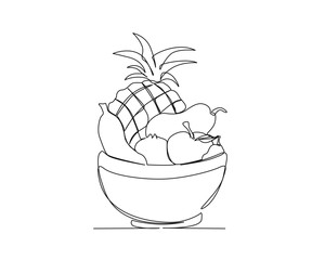 Continuous one line drawing of fresh fruits in the bowl design. Fruits in the bowl single line art vector illustration. Editable stroke.