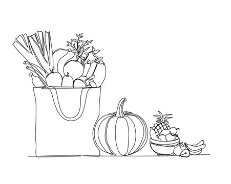 Continuous one line drawing of fresh food on paper grocery basket. Vegetables, fruits and bread in the grocery basket. Grocery paper bag outline vector illustration.  Editable stroke.