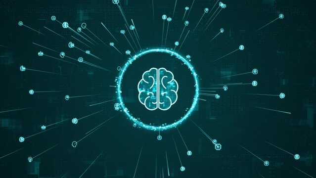 Motion graphic of Blue digital brain logo and AI icons ring rotation around logo with ai icon spread and line linked on abstract background with Ai chatbot and machine learning technology concept