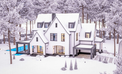 3d rendering of cute cozy white and black modern Tudor style house with parking  and pool for sale or rent with beautiful landscaping. Cool winter evening with cozy light from windows