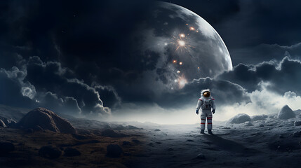 Fototapeta na wymiar Spaceman or astronaut on the surface of moon. AI generated.