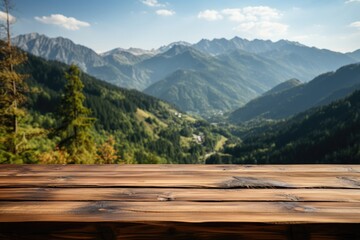 Fototapeta na wymiar A Wooden Tabletop Against Backdrop Of Scenic Mountain Landscape Blank Surface. Generative AI