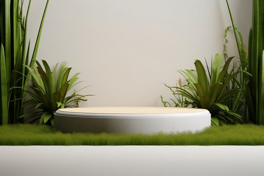Realistic White Podium With White Background & Plants