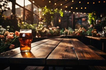 A Wooden Tabletop With Glass Of Beer Backdrop Of Lively Beer Garden Blank Surface. Generative AI