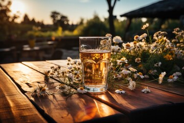 A Wooden Tabletop With Glass Of Beer Backdrop Of Scenic Beer Garden Blank Surface. Generative AI