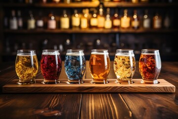 A Wooden Tabletop With Glass Of Beer Backdrop Of Stylish Beer Flight Tasting Room. Generative AI
