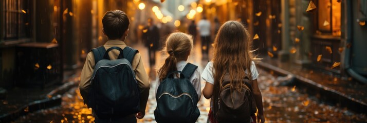 Backs Schoolchildren With Schoolbag Running To School. Generative AI