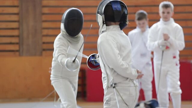 Russia St. Petersburg 01/05/2023 children are engaged in fencing school