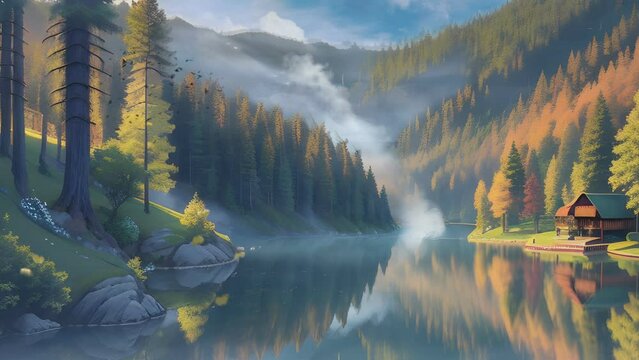Peaceful fantasy nature landscape background. Traditional house on a beautiful lake with calm waters. anime or Japanese cartoon acrylic painting style illustration.  Seamless and looping animation. 