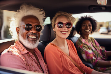 Obraz premium Generative ai best friends male and female enjoying traveling by car