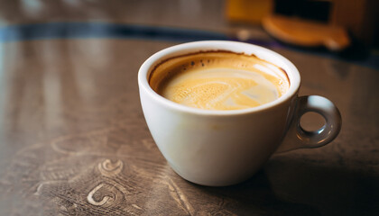 Close up of coffee mug, selective focus and free space for text. Coffee art concept.	

