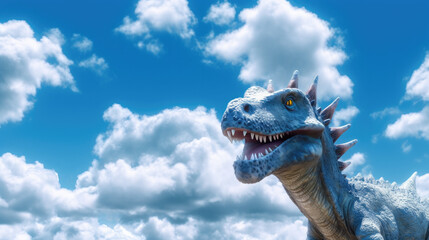 close-up of a dinosaur with dramatic cloud-filled sky in the background, landscape with space for your text, AI