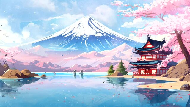 美しい景色の富士山の背景、湖のある日本の寺院、木の花、アニメーションビデオ映像