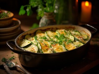 Gratin de Courgettes in a rustic ceramic dish garnished with fresh herbs