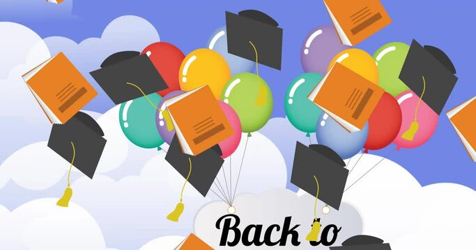 Animation of graduation hats and school books items over balloons