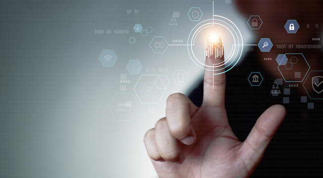 Security of future technology and Cybernetics on the Internet, finger scanning allows access to security and identification of big Data businesses, bank and Cloud Computers.