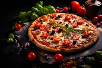 pizza with salami tomatoes and olives Generative AI