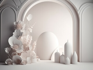 An arch with flowers, white mockup display, product display pedestal, off white stage design, AI generative