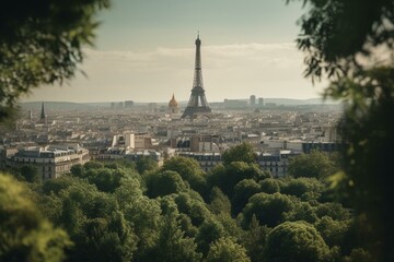 Naklejka premium The iconic Eiffel Tower amidst Parisian skyline surrounded by lush trees making it a popular tourist spot. Generative AI