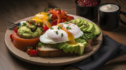 Fototapeta na wymiar A healthy breakfast plate with avocado toast poached eggs generative AI