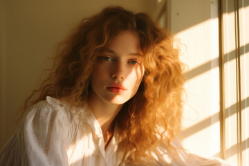 Fototapeta premium portrait of a woman/model/book character standing by a window in warm daylight with a thoughtful/sad expression in a fashion/beauty editorial magazine style film photography look - generative ai art