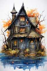 Fototapeta premium A watercolor painting of a house in the woods. Generative AI. Spooky Halloween haunted house.