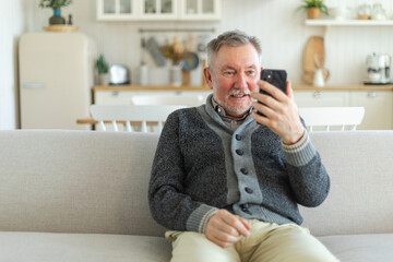 Happy middle aged senior man talk on video call with friends family. Laughing mature old senior...